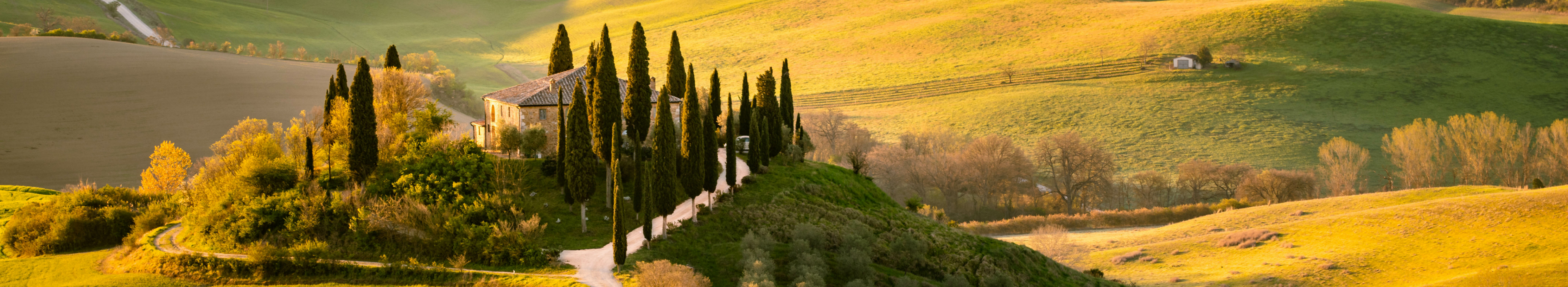 San Quirico d'Orcia, Provinz Siena, Toskana, Italien. Bauernhaus in den toskanischen Hügeln während der Erntezeit.