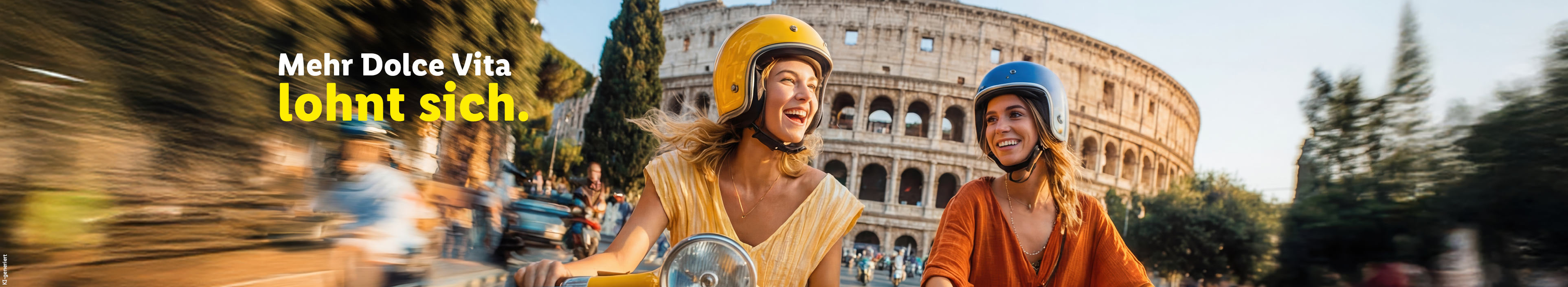 Mehr Dolce Vita lohnt sich. Zwei junge Frauen in Gelb und Orange fahren lachend auf gelben und orangenen Rollern (Vespas) auf einer Straße in Rom. Sie tragen gelbe bzw. blaue Helme. Im Hintergrund ist das beleuchtete Kolosseum zu sehen.