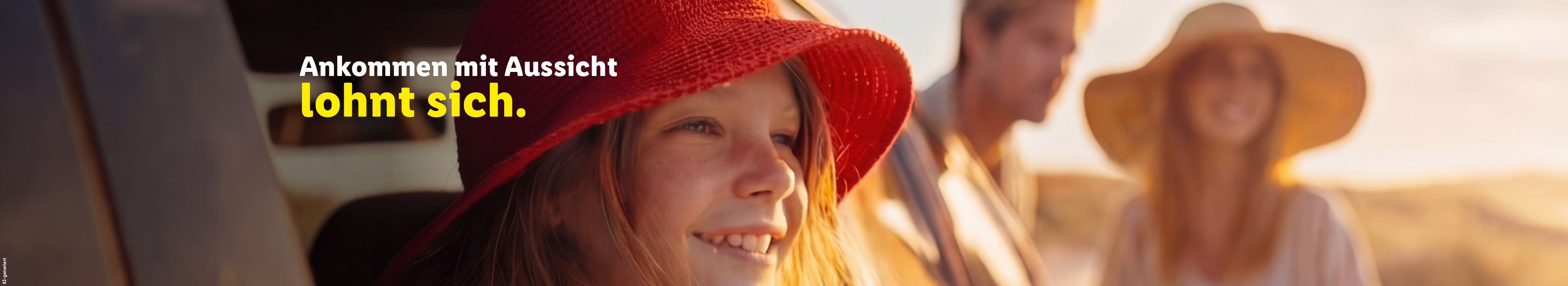 Ankommen mit Aussicht lohnt sich. Nahaufnahme eines lächelnden Mädchens mit einem roten Sonnenhut. in einem Auto, Im unscharfen Hintergrund sind zwei weitere Personen zu sehen