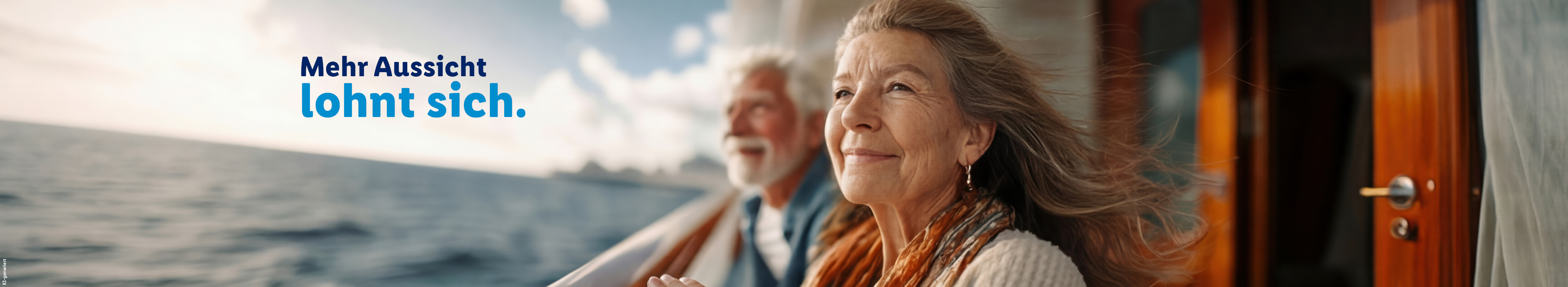 Mehr Aussicht lohnt sich. Nahaufnahme eines älteren Ehepaares an der Reling eines Schiffes. Beide blicken lächelnd auf das weite, blaue Meer hinaus