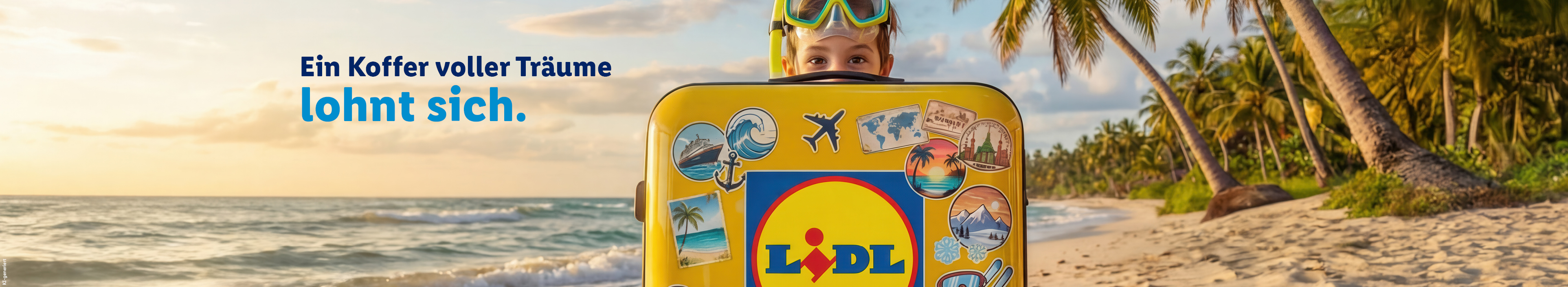 Ein Koffer voller Träume lohnt sich. Ein Kind mit Taucherbrille schaut hinter einem gelben Rollkoffer hervor, der mit bunten Reisestickern und dem Lidl-Logo beklebt ist. Im Hintergrund sieht man einen tropischen Sandstrand mit Palmen und sanften Wellen.