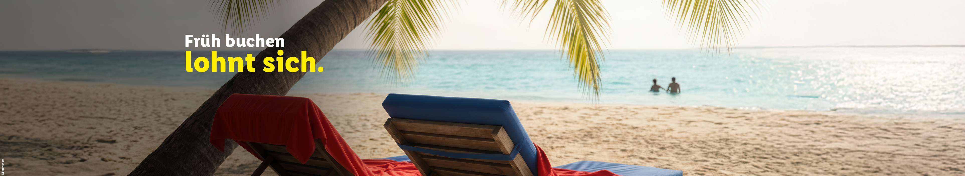 Zwei Sonnenliegen unter einer Palme am Strand.